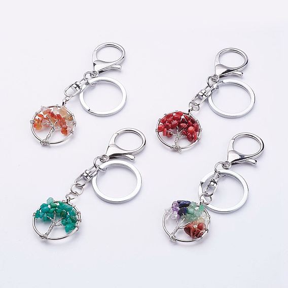 Брелок с драгоценными камнями, с застежками сплава омаров, Железное кольцо и латунные находки, плоские круглые с деревом, платина