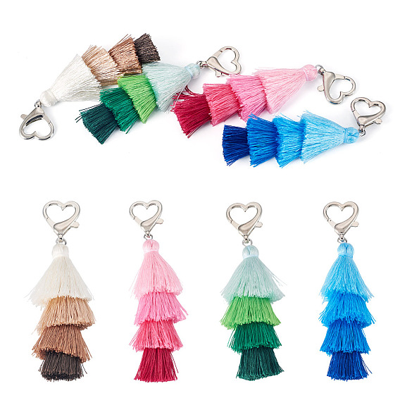 4шт 4 цвета полиэстер подвеска с кисточками украшения, с сердцем сплава когтя омара застежками, платина