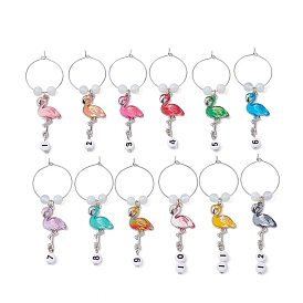 Flamingo Alloy Enamel Wine Glass Charms, with Acrylic Beads and Brass Wine Glass Charm Rings, Flat Round with Number