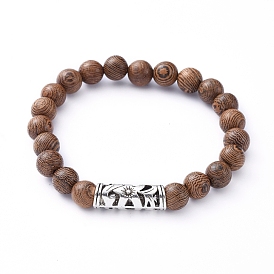 Stretch Bracelets, with Natural Wood Beads and Tibetan Style Alloy Beads, Tube