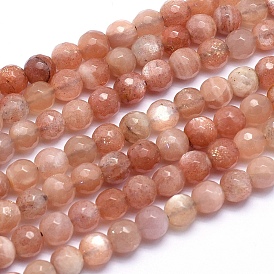 Sunstone naturelle perles brins, ronde, facette