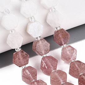 Нити бусин из натурального клубничного кварца, радужного лунного камня и зеленого авантюрина, шестиугольник, граненые