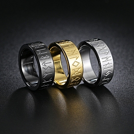 Vintage Titanium Steel Viking Runes Symbols Finger Ring, Wide Band Ring for Men Women