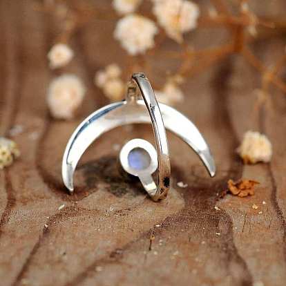 Natural Moonstone with Crescent Moon Open Cuff Ring, Alloy Jewelry for Women