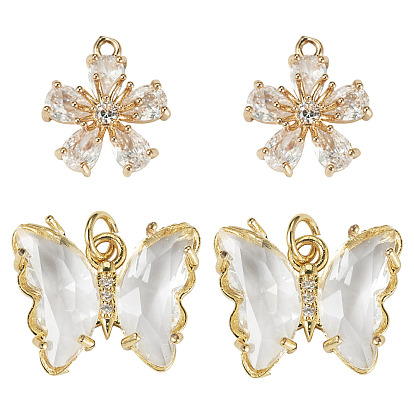 4шт 2 стили прозрачные стеклянные подвески, с латунной нахождения золотой тон, бабочки и цветы