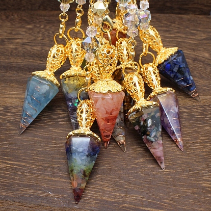 Большие подвески из смоляного конуса для биолокации, с натуральным драгоценным камнем внутри и металлической фурнитурой золотистого оттенка