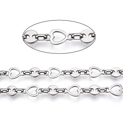 661 Stainless Steel Heart & Flat Round & Oval Link Chains, Unwelded, with Spool