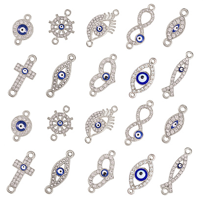 50 шт 10 стиль звеньев из сплава, с стразами и эмалью, крест и бесконечность и сердце и конский глаз и плоский круглый и шлем и рыба Иисус и сглаз