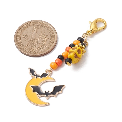 Halloween Theme Alloy Enamel Pendant Decorations, Glass Seed Beaded and Zinc Alloy Lobster Claw Clasps Charms, Mixed Shapes
