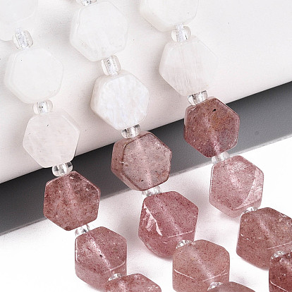 Нити бусин из натурального клубничного кварца, радужного лунного камня и зеленого авантюрина, шестиугольник, граненые