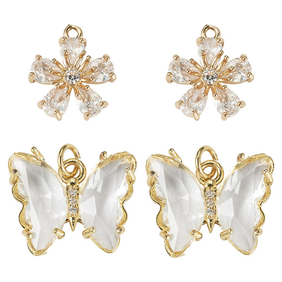 4шт 2 стили прозрачные стеклянные подвески, с латунной нахождения золотой тон, бабочки и цветы