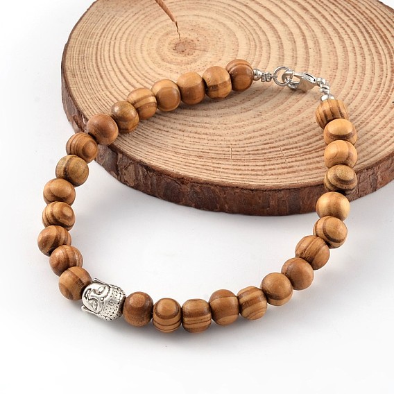 Round Wood Beads Anklets, with Buddha Head Alloy Beads and Brass Lobster Claw Clasps, 228mm