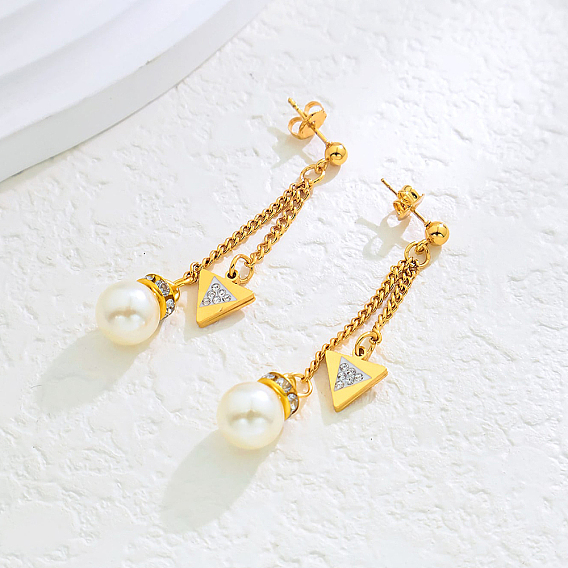 Серьги-гвоздики из нержавеющей стали с круглыми подвесками и треугольниками, с искусственным жемчугом и стразами