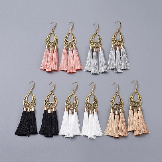 Polyester Tassel Dangle Earrings, with Alloy Cubic Zirconia Pendant and 316 Surgical Stainless Steel Earring Hooks, Teardrop