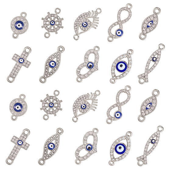 50 шт 10 стиль звеньев из сплава, с стразами и эмалью, крест и бесконечность и сердце и конский глаз и плоский круглый и шлем и рыба Иисус и сглаз