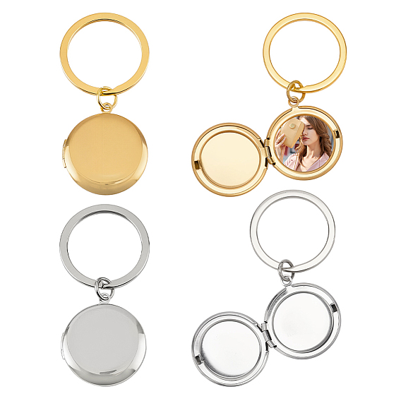 4Pcs 2 Colors Stainless Steel Photo Locket Keychains, with Iron Split Key Rings, Golden & Stainless Steel Color