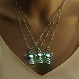 Alloy Angel Cage Pendant Necklace with Luminous Plastic Beads, Glow in the Dark Jewelry for Women