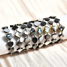 Abalone Shell Beads Stretch Bracelets, with Brass Spacer Beads, Rack Plating, Long-Lasting Plated, Mixed Shapes