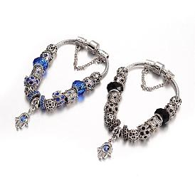 Alloy Glass Bead European Bracelets, with Rhinestones and Brass Chain, 190mm