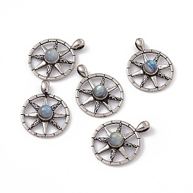 Natural Labradorite Pendants, Flat Round Charms with Sun, with Antique Silver Color Brass Findings
