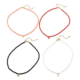 Heart Alloy Enamel Charm Necklace for Girl Women, Glass Seed Beaded Necklace, Golden