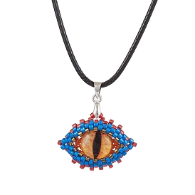 Evil Eye Glass Seed Beads Pendant Imitation Leather Cord Necklaces for Women