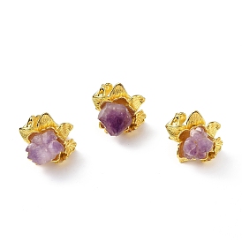 Natural Amethyst Nugget Flower Open Cuff Ring, Rack Plating Brass Jewelry for Women, Golden