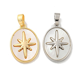 Natural White Shell Pendants, Rack Plating Brass Oval with Star Charms
