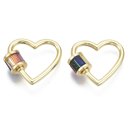Brass Micro Pave Cubic Zirconia Screw Carabiner Lock Charms, Heart, Nickel Free, Real 16K Gold Plated