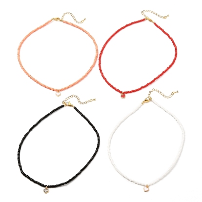Heart Alloy Enamel Charm Necklace for Girl Women, Glass Seed Beaded Necklace, Golden