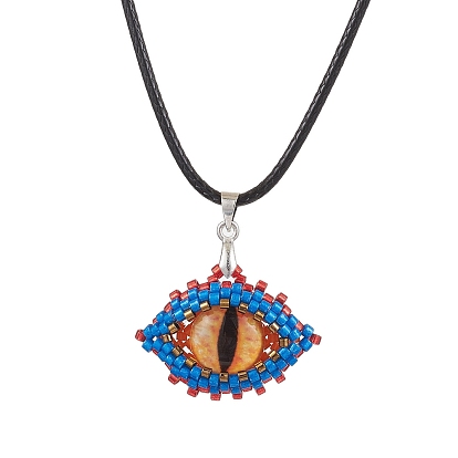 Evil Eye Glass Seed Beads Pendant Imitation Leather Cord Necklaces for Women