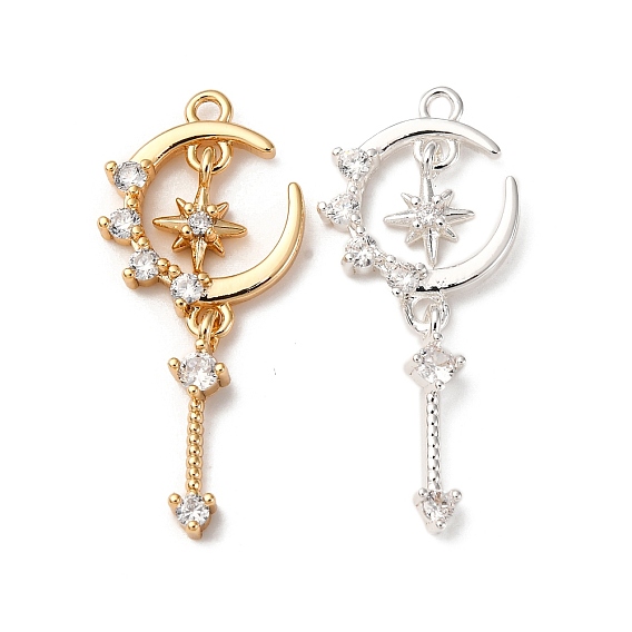 Латунные микропаве прозрачные подвески с фианитом, без кадмия, без никеля и без свинца, Луна и звезды