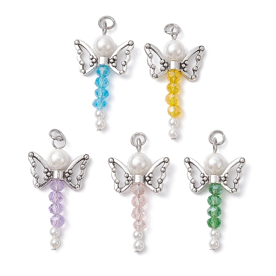 Glass & Shell Pearl Bead Pendants, with Tibetan Style Butterfly Alloy Beads, 304 Stainless Steel Jump Rings, Angle Charms
