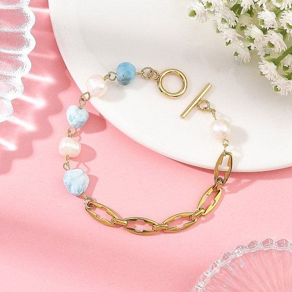 Natural Larimar Nuggets and Pearl Beaded Chain Bracelets with 304 Stainless Steel Cross Link Chains and OT Clasps