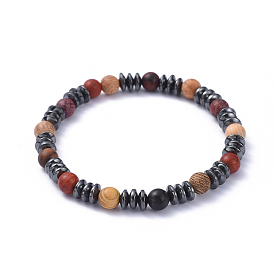 Stretch Bracelets, with Round Wood Beads and Rondelle Non-Magnetic Synthetic Hematite Beads
