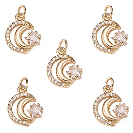 Brass Micro Pave Clear Cubic Zirconia Pendants, Long-Lasting Plated, Moon & Star