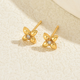 Серьги шпилька нержавеющая сталь, четыре листа клевера, с четким кубического циркония