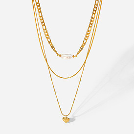 Collier pendentif coeur triple couche en or k avec chaîne figaro en acier inoxydable et perle d'eau douce naturelle, bijoux d'amour