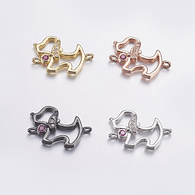 Brass Micro Pave Cubic Zirconia Puppy Links Connectors, Long-Lasting Plated, Dog Silhouette