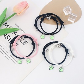 2Pcs 2 Color Magnetic Heart & Luminous Dog Paw Print Alloy Charm Bracelets Set, Glow In The Dark Polyester Cord Adjustable Couple Matching Bracleets for Best Friends Lovers