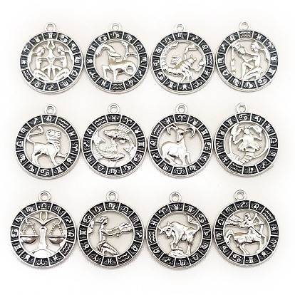 Подвески из сплава со стразами на тему созвездий, плоские круглые прелести, с эмалью, серебряные