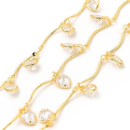 Brass Curved Bar Link Chains, with Clear Cubic Zirconia Heart Charms, Lead Free & Cadmium Free, Soldered, with Spool