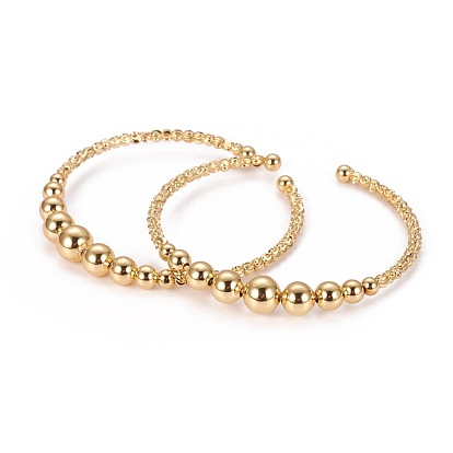 Long-Lasting Plated Brass Cuff Bangles, with Graduated Round Beads and Corrugated Beads