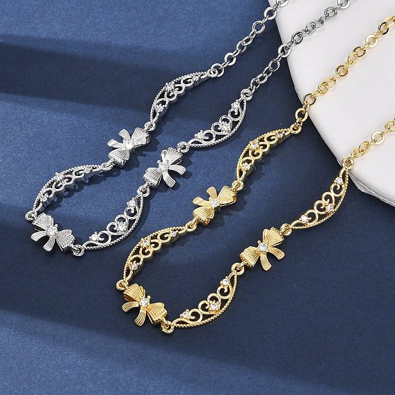 Латунные цепочки-банты и полые лунные звенья с прозрачными кубическими цирконами, стойки покрытие, долговечный, без кадмия и без свинца