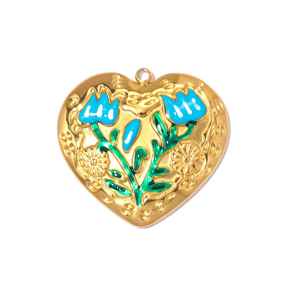 304 нержавеющей стальной эмали подвески, сердце с цветочным шармом, реальный 18 k позолоченный, ионное покрытие (ip), долговечный