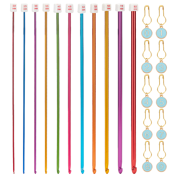 1 набор алюминиевых тунисских крючков для вязания, с 1 набором маркеров для закрепки стежков из легированной эмали с номером