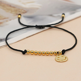 Adjustable Colorful Rope Bracelet with Smiling Gold Beads - Bohemian Style Jewelry for Women