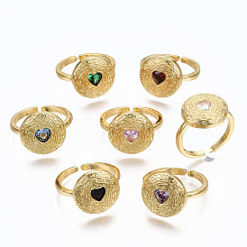 Brass Micro Pave Cubic Zirconia Cuff Rings, Open Rings, Flat Round with Heart, Cadmium Free & Nickel Free & Lead Free, Golden