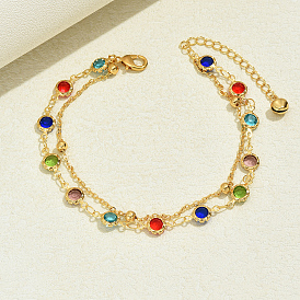 Bracelets de cheville pour femmes à la mode en laiton avec zircone cubique double couche en plaqué or véritable 18k style décontracté