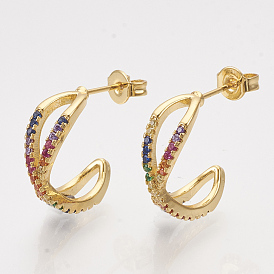 Brass Cubic Zirconia Stud Earrings, with Ear Nuts, Colorful